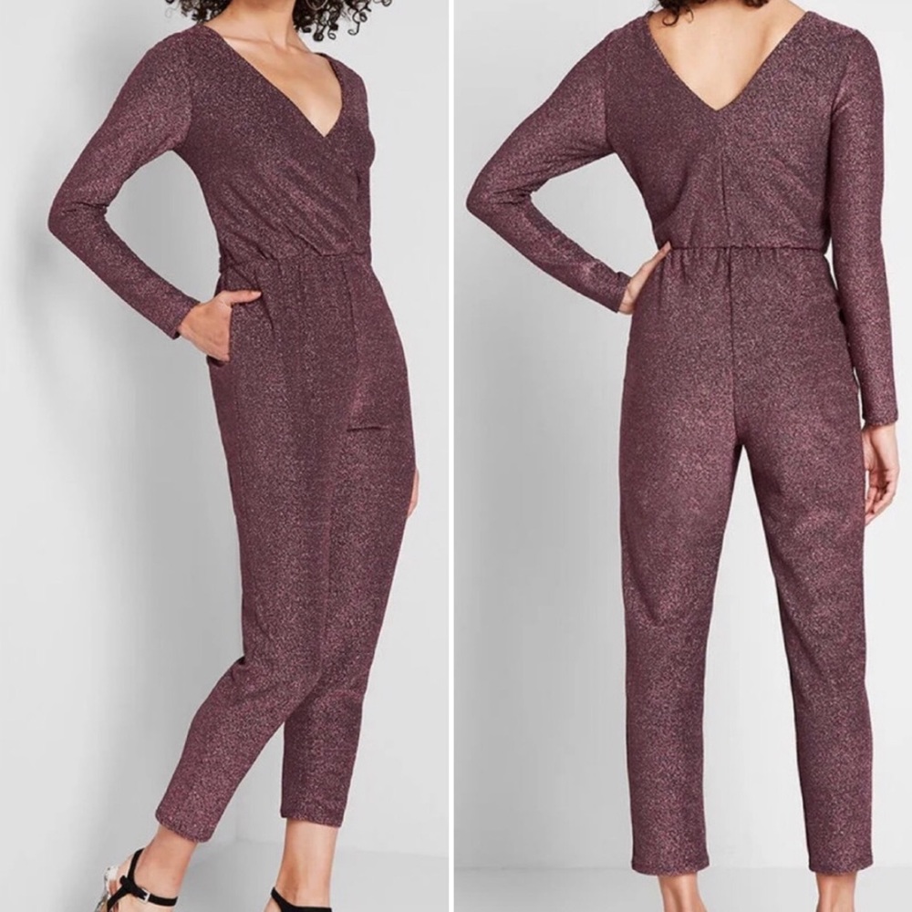 Modcloth Shine Away Sparkle Jumpsuit Metallic Mauve Pink Brand Au Fond M